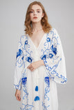 Women Dresses Flower Embroidered V-neck Large Bell Sleeve Maxi Dress