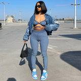 Women Top & Pant 2 Piece Set Summer Stripes Strap Vest Slim-Fit Pants Suit