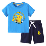 Children Pokemon Pikachu Tshirts & Shor Cotton Short-Sleeved Shorts Two-Piece Set