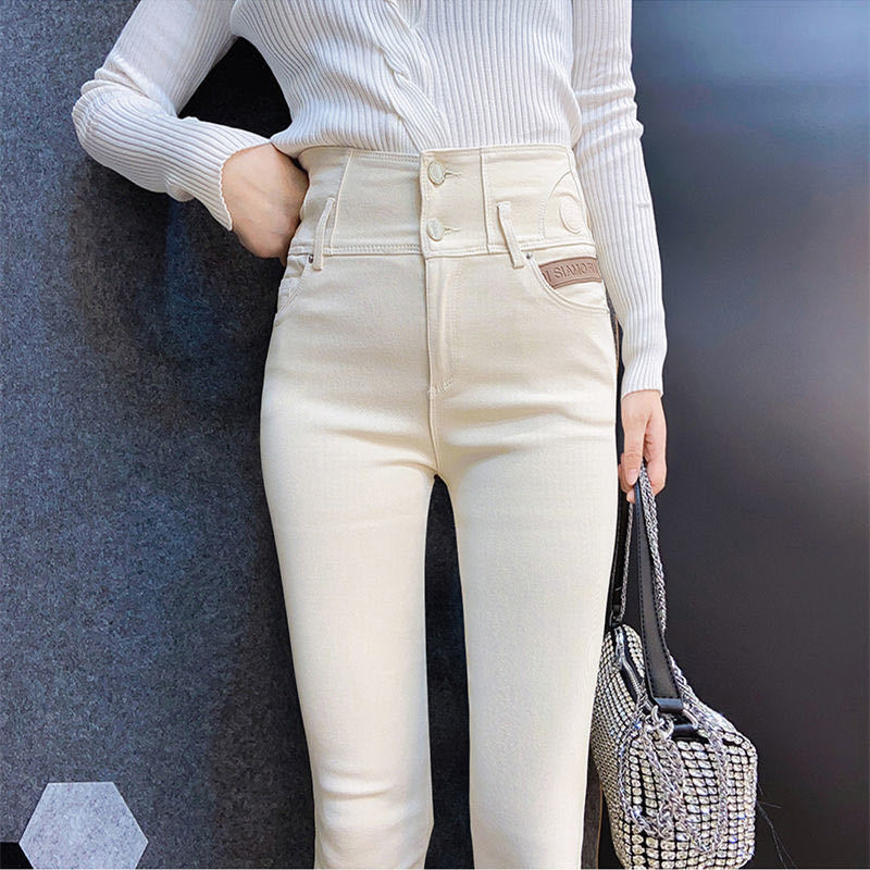 Women's Legging Autumn and Winter Beige High Waist Velvet Padded Leggings Women's Tight