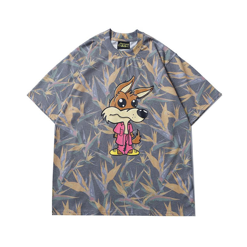 Justin Bieber Drew House Smiley Face Men and Women Camouflage Full Printed Big Gray Wolf High Street Fashionable Loose Short Sleeve Tshirt Hip Hop