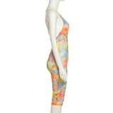 Summer Women's Clothing Sexy Low Collar Sleeveless Printed Sling Tight Sports Casual Jumpsuit