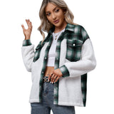 Women Sherpa Jacket Stitching Loose Casual Plush Shirt Plaid Jacket Jacket