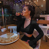 Women Top & Skirt 2 Piece Set Winter Long Sleeve V-neck Midriff-Baring T-shirt Split Skirt Suit