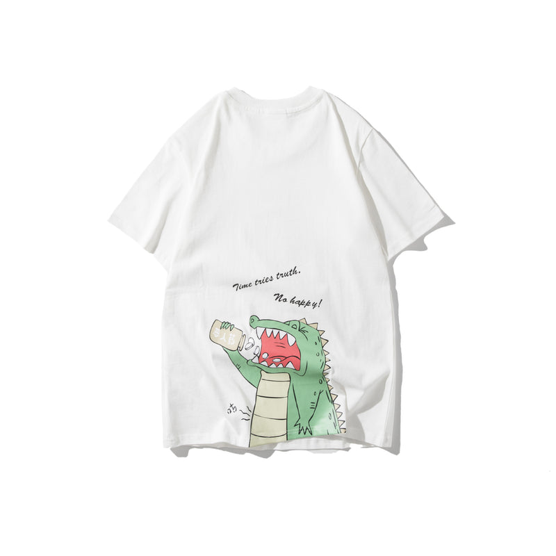Men's T-shirt Summer Short-Sleeved Men's T-shirt Hong Kong Style Fashion All-Match Loose Cartoon Dinosaur Printed Top