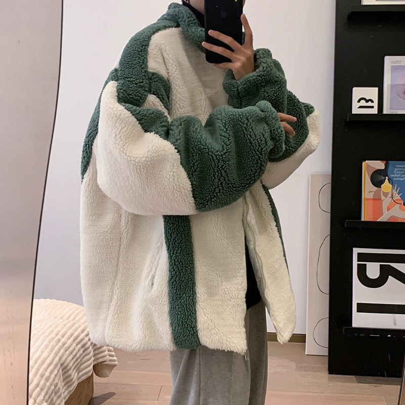 Men's Autumn Winter Coat Color Stitching Stand-Collar Loose Cotton Coat