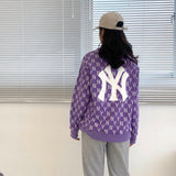 Yankees Men's and Women's Pullover Embroidery Large Logo Sweater Retro Presbyopic Couple round Neck Long Sleeve Casual