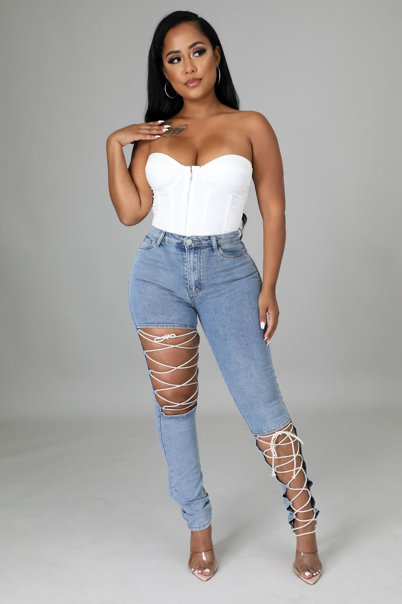 Women's Distressed Denim Jeans Ripped Jean Stretch Ripped Lace-up Jeans Women's Skinny Pants