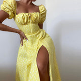 Women Summer Dresses Midi Dress Puff Sleeve Floral Tie-Neck High Slit Long Dress