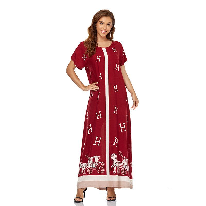 Muslim Women Stylish Kashibo Abaya Muslim Ladies Long Gown Islamic Clothing Jilbab Jalabiya Pullover Print Red Loose-Fitting Maxi Dress