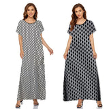 Muslim Women Stylish Kashibo Abaya Muslim Ladies Long Gown Islamic Clothing Jilbab Jalabiya Short Sleeve Round Neck Printed Summer Fashion Long Skirt
