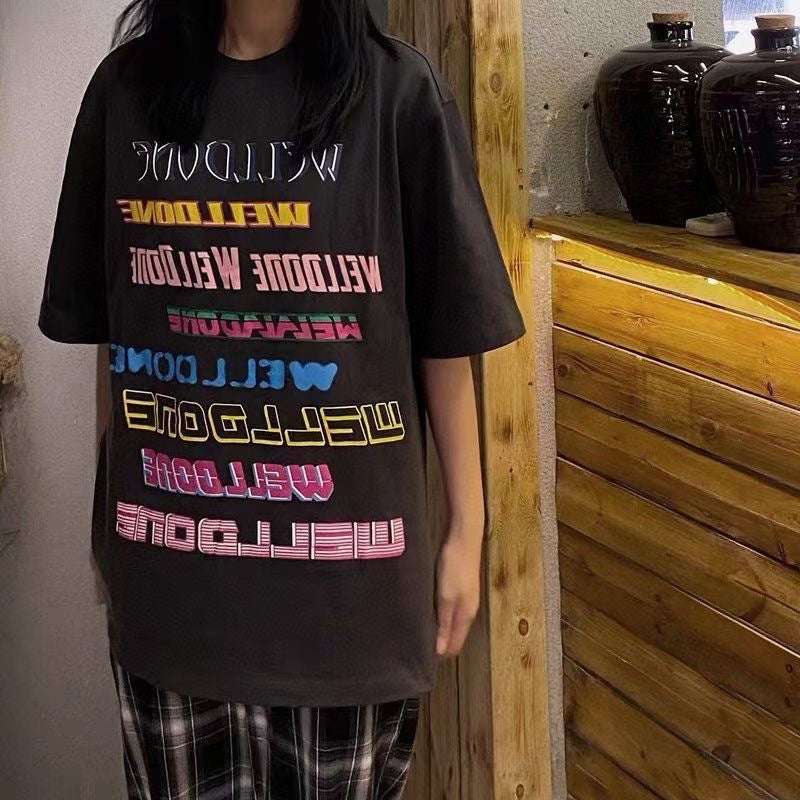 We11done T Shirt Fashion Brand Letter Color Graffiti Printed Men's and Women's Short Sleeve