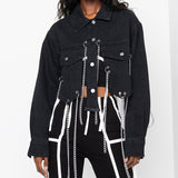 Women Denim Jacket Short Cape Denim Jacket Women's Sexy Chain
