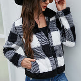 Women Sherpa Jacket Fall Women's Clothing Zipper and Lapel Black and White Plaid Cardigan Long Sleeve