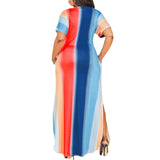 Women Plus Size Maxi Dresses Summer Color-Striped Printing Short Sleeve Dress