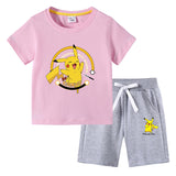 Children Pokemon Pikachu Tshirts & Shor Cotton Short-Sleeved Shorts Two-Piece Set