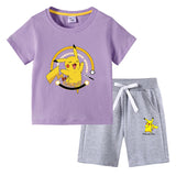 Children Pokemon Pikachu Tshirts & Shor Cotton Short-Sleeved Shorts Two-Piece Set