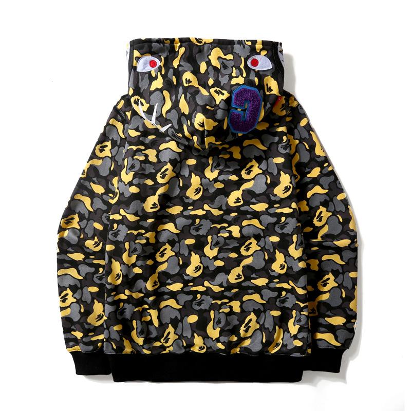 Shark Print Jacket Men's Casual Camouflage Velvet Padded Hooded Sweatshirt Men's and Women's Hoodies