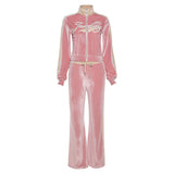 Women Top & Pant 2 Piece Set Autumn and Winter Contrast Color Stitching Letter Embroidery Coat Straight Casual Pants Suit