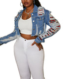 Women Plus Size Denim Coats Plaid Stitching Short Coat for Women