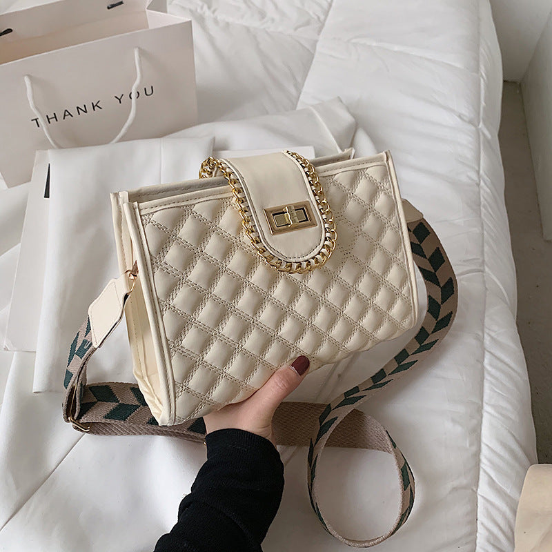 The Teacher Tote Diamond Lock Small Square Bag Women's Casual Wide Shoulder Straps Shoulder Crossbody Small Women Bag