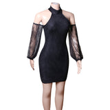 Women Bodycon Dress Spring/Summer High Neck Lace off-the-Shoulder Evening Dress Bandage Dress