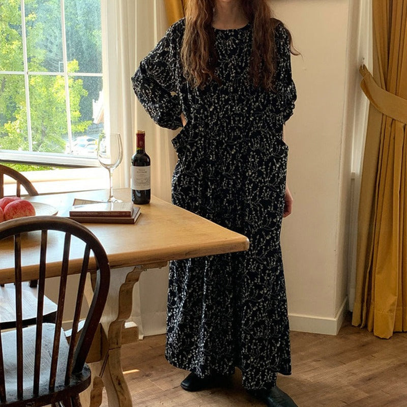 Work Dresses with Pockets Autumn Winter Retro Tea Print Dress for Women