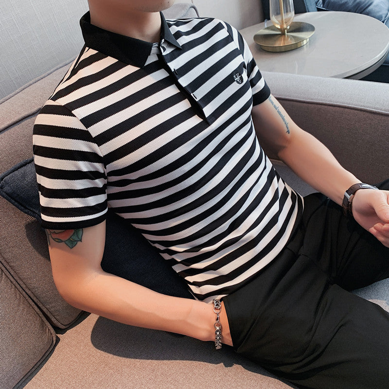 Men Polo Shirts Striped Lapel T-shirt