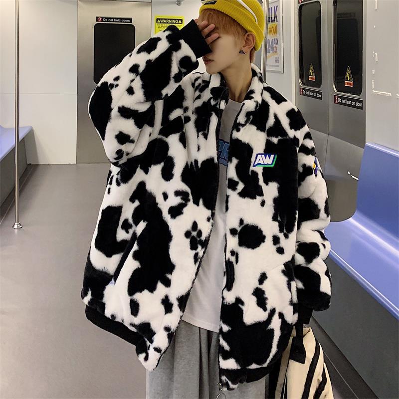 Men's Autumn Winter Coat Stand Collar Color Matching Plush Cotton-Padded Coat