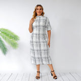 Women Plus Size Maxi Dresses Summer Plaid Stand Collar Short Sleeve Bodycon Dress