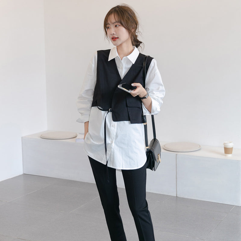 Preppy Aesthetic Outfits Autumn Long Sleeve Shirt Two-Piece Set
