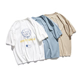 Summer Astronaut Moon Letter Print Short-Sleeve T-shirt Men's Loose Casual Trendy Top T