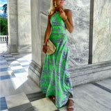 Women Bohemian Dress Summer Slim Fit Backless Printed Long Dress
