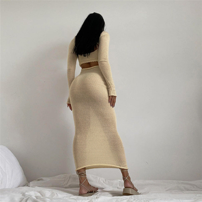 Women Top & Skirt 2 Piece Set Autumn and Winter Vest round-Neck Long-Sleeved Dress Two-Piece Set