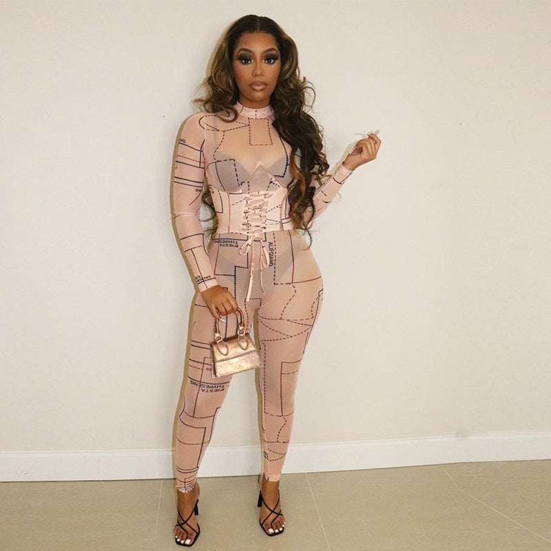 Summer Women's Sexy Mesh See-through Digital Printed Waist-Controlled Bandage Jumpsuit
