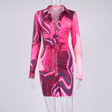 Summer and Autumn Women's Sexy Printed Long-Sleeved Shirt Short Skirt Dress