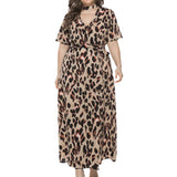 Women Plus Size Maxi Dresses V Collar Leopard Print Dress