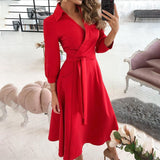 Work Dresses for Girls Women's Autumn Printed Plaid Lapel Lace-up Dress
