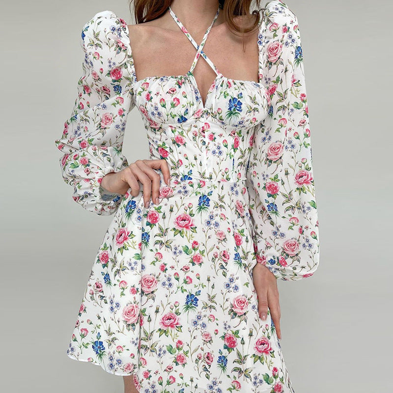 Women Summer Dresses Mini Dress Square Collar Halter Puff Sleeve Floral Skirt Dress