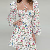 Women Summer Dresses Mini Dress Square Collar Halter Puff Sleeve Floral Skirt Dress