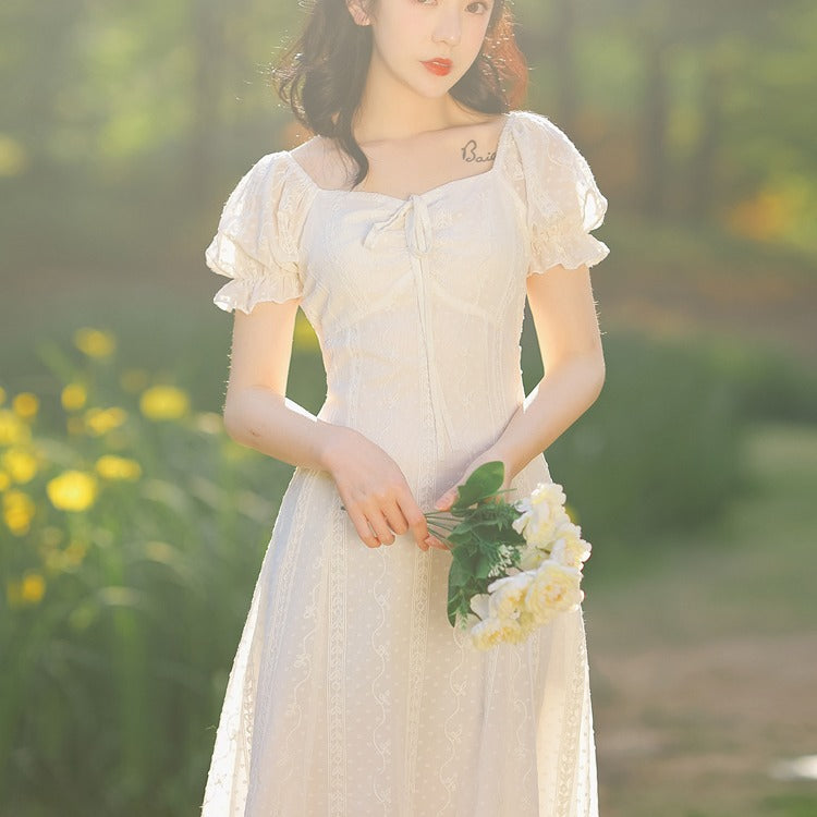Women Cottagecore Dress French Style Puff Sleeve Waist-Tight Summer Snow Dress