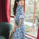 Women cottagecore Dress Vintage Blue Chiffon Floral Dress Summer Elegant Slightly Mature Style
