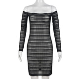 Kesha Black Dress Sexy Slim Hollow out See-through off-Shoulder Dress for Women