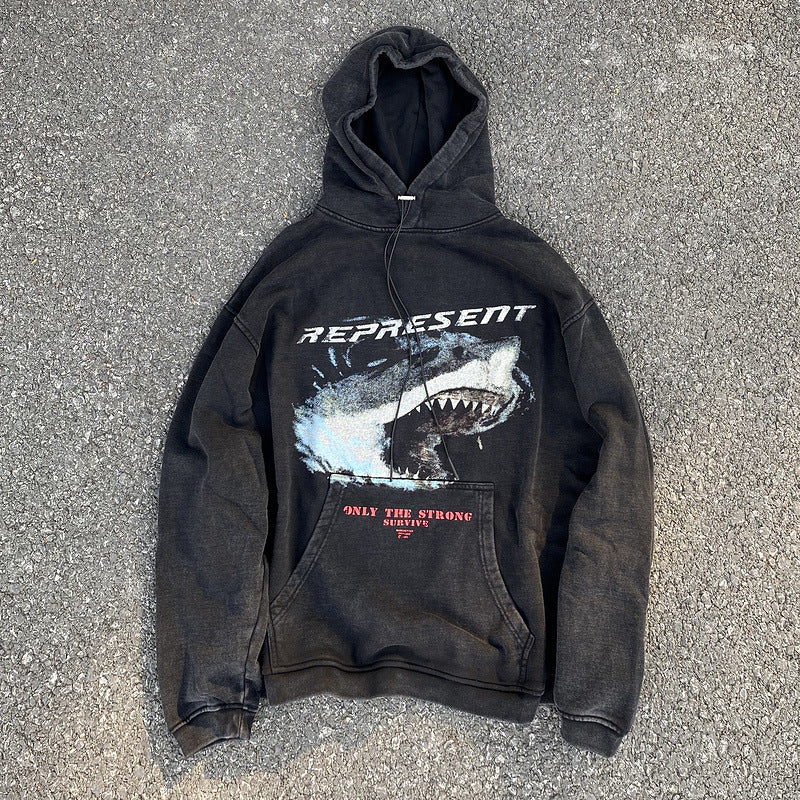 Present Hoodie Big White Shark Limited Retro Distressed Loose Hooded Sweater Heavy Weight