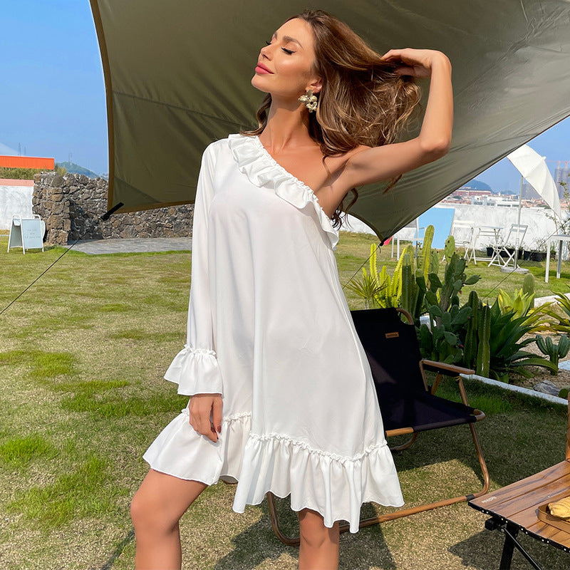 Bohemian Beach Dress off-Shoulder Ruffled Hem Solid Color