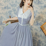 Women Cottagecore Dress Summer Retro Peter Pan Collar Dress Waist-Tight
