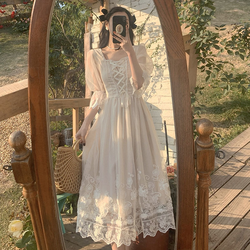 Fairy Dress French Style Platycodon Grandiflorum First Love Skirt Spring Summer Palace Style Embroidery Fairy Dress