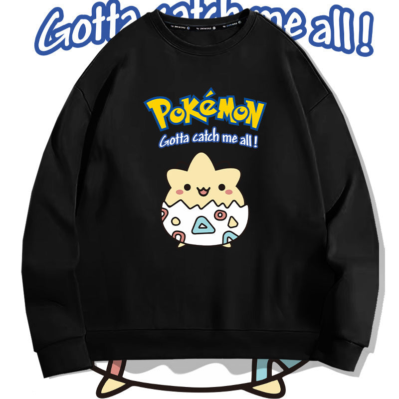 Men and Women Pokemon Pikachu Hoodie Jingling Bao Ke Meng Bo Ke Bi Crew Neck Pullover Sweatshirt