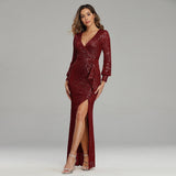 Kim Kardashian Marilyn Monroe Dress Split Long Sleeve Sequined Banquet Evening Dress for Women