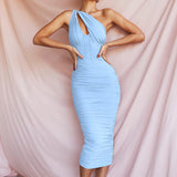 Emily Ratajkowski Dress Mesh Shoulder Hollow Steel Ring Pleated Backless Dress